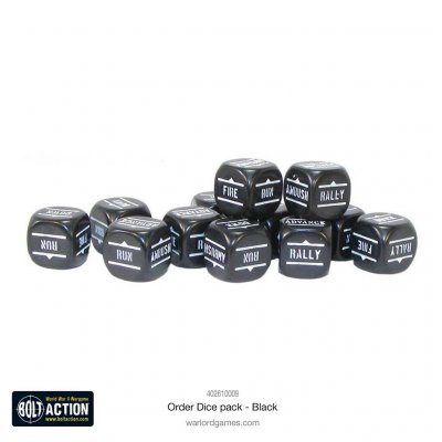 This set contains 12 black-coloured order dice. Warlord Games