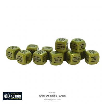 This set contains 12 green-coloured order dice. Warlord Games